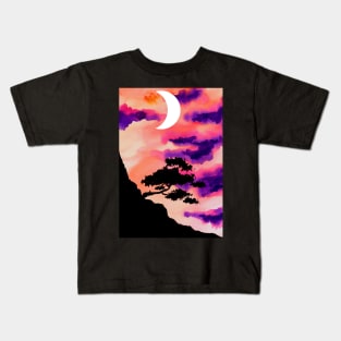 Mountain Tree Sunset and Moon Kids T-Shirt